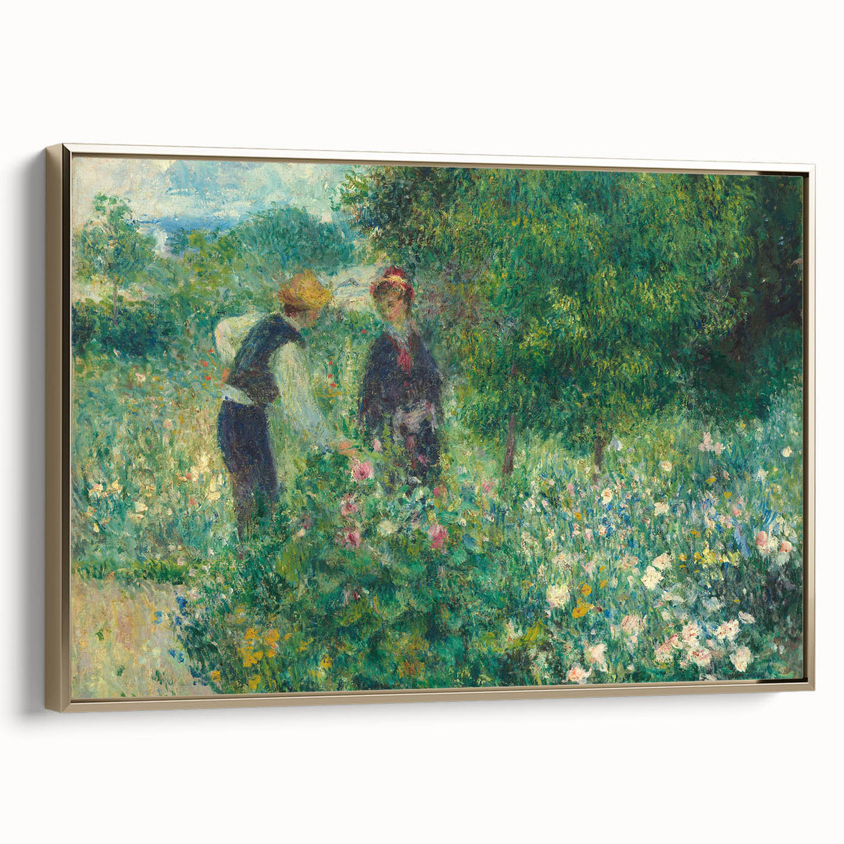 Framed canvas featuring a vintage landscape painting by Pierre-Auguste Renoir with gold accents, ideal for bedroom decor.