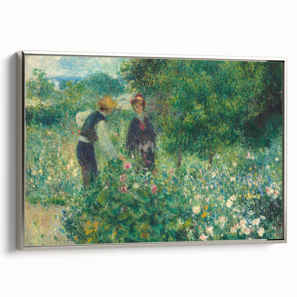 Landscape art painting by Pierre-Auguste Renoir, colorful scenery on a silver-framed canvas, ideal for living room decor.