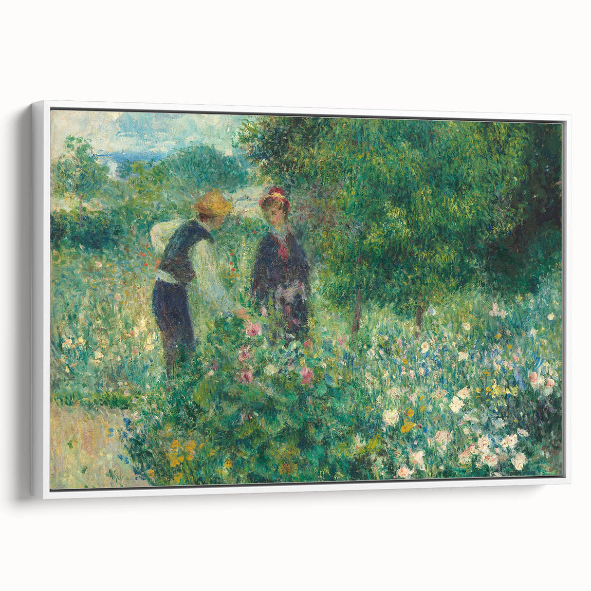 Vintage poster art of a Pierre-Auguste Renoir painting on a framed canvas, featuring a colorful palette.