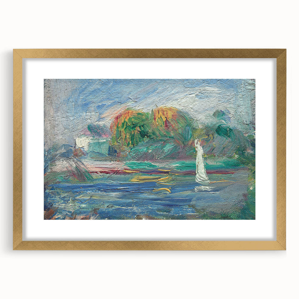 Extra large wall art featuring an abstract print of textured brush strokes in warm gold and beige, framed in gold.