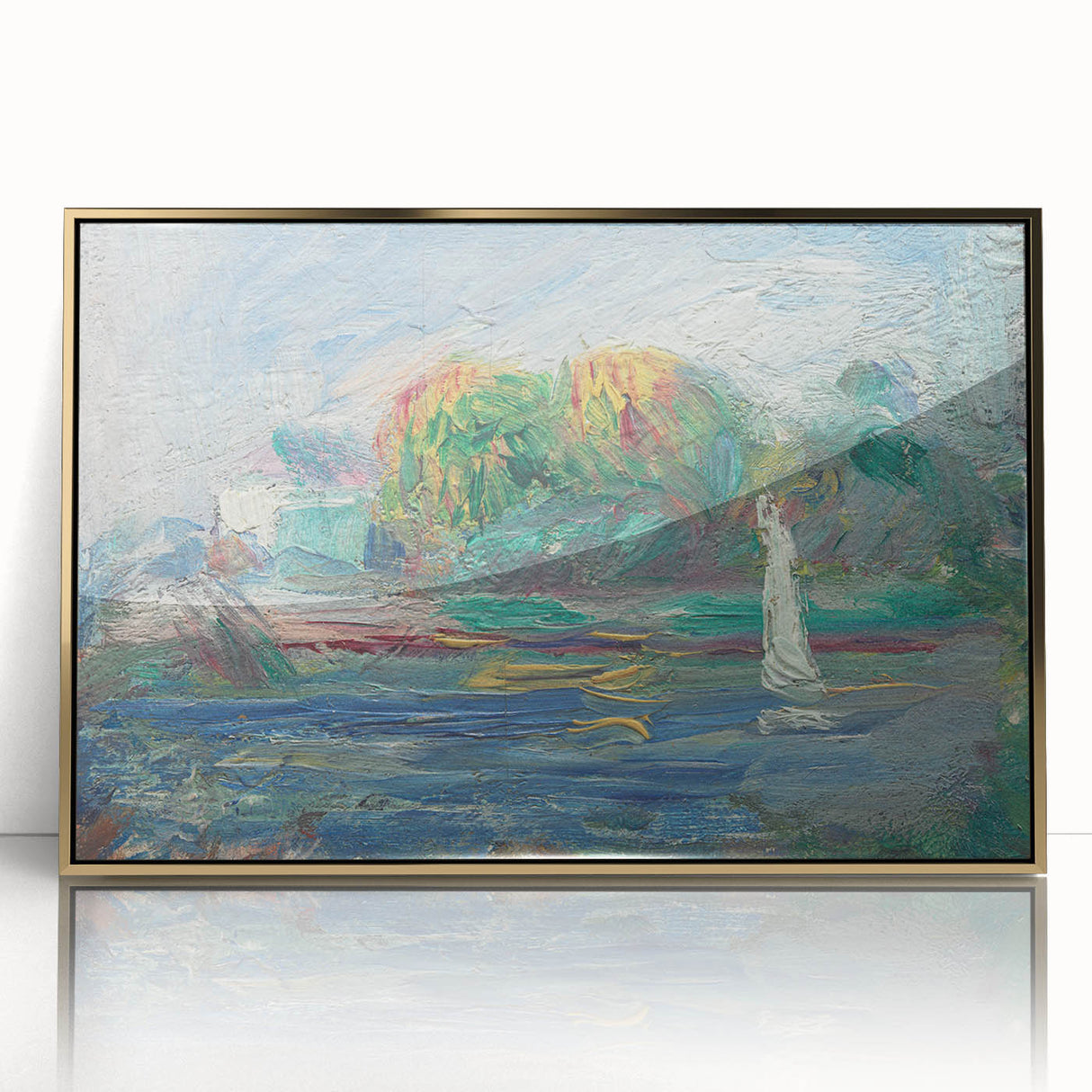 Mid-century modernist art print of 'The Luncheon of the Boating Party' by Renoir, vibrant colors, framed in gold acrylic.