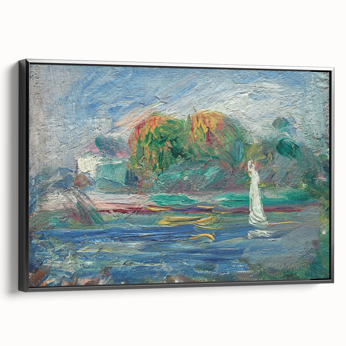 Black and white landscape painting of a serene scene on framed canvas, ideal for bedroom wall decor.