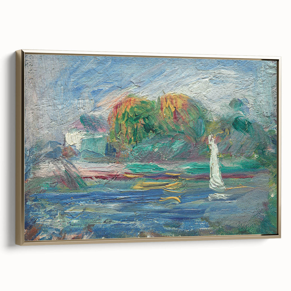 Framed canvas of a Pierre-Auguste Renoir landscape painting in muted earth tones, ideal for bedroom wall art.