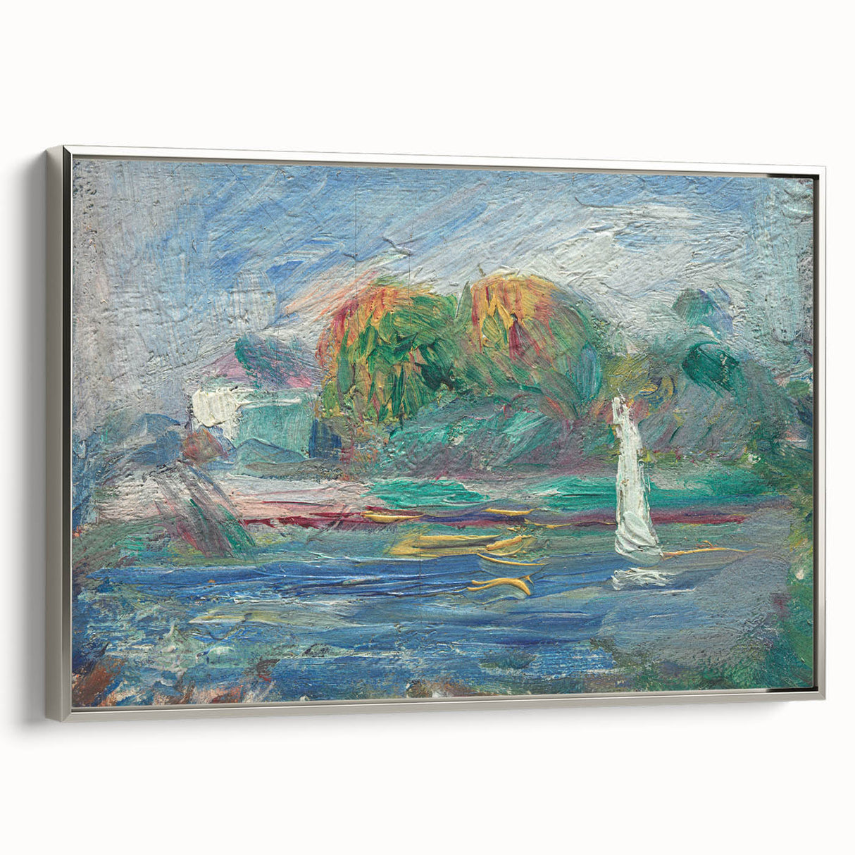 Framed canvas of a Pierre-Auguste Renoir landscape painting with colorful foliage and a river, ideal for living room decor.