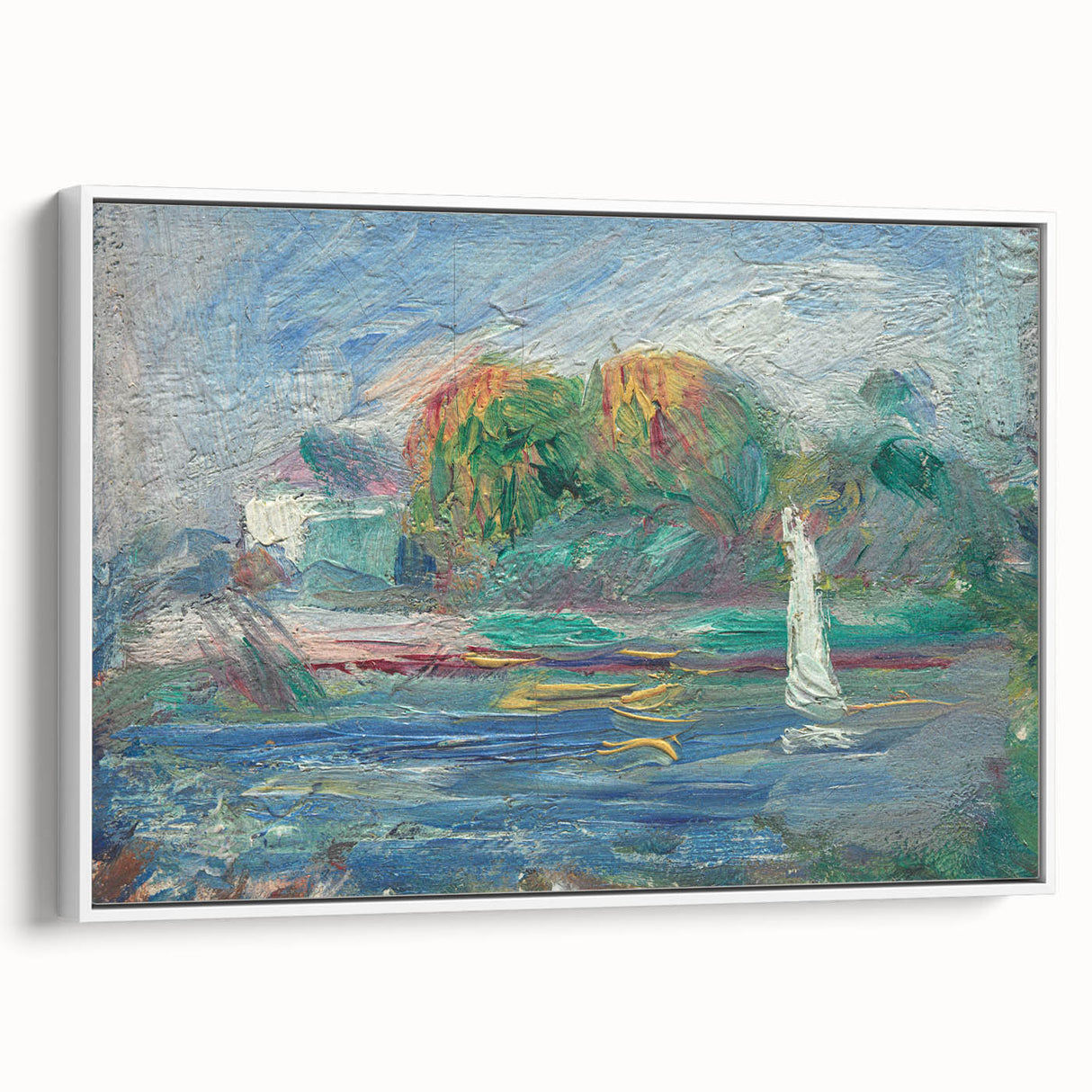 Vintage poster art of a colorful Pierre-Auguste Renoir design on an extra large framed canvas, ideal for living room decor.