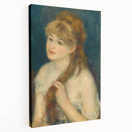 Side view of a Pierre-Auguste Renoir impressionist painting on stretched canvas, featuring soft pastel hues.