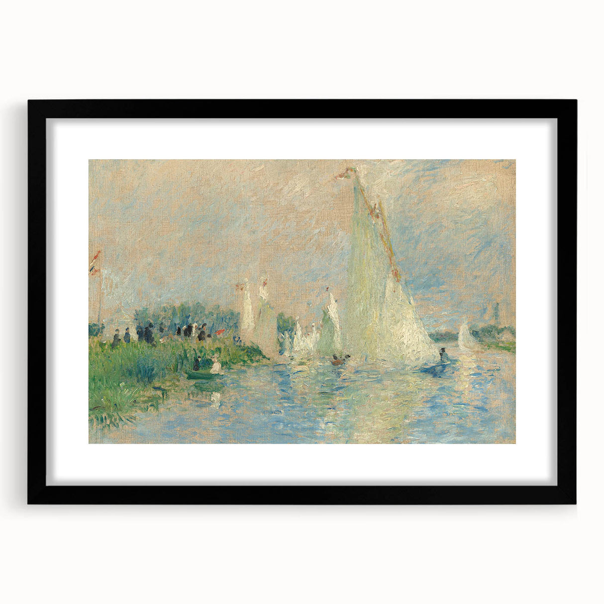 Colorful abstract art print of textured strokes in vibrant hues, framed in black, ideal for living room decor.