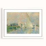 Abstract art print of a Pierre-Auguste Renoir design in muted colors, framed in white, suitable for dining room decor.