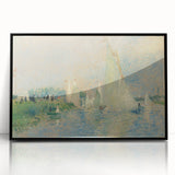 Large abstract wall art featuring dynamic shapes in bold blue and orange, framed in black acrylic.