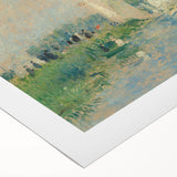 Art deco poster featuring a Pierre-Auguste Renoir painting on rolled canvas, with soft pastel colors.