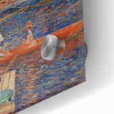 Mid-century modernist large abstract art print in acrylic, featuring vibrant colors, ideal for dining room ambiance.