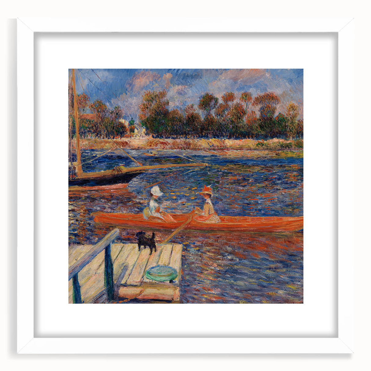 Abstract art print of a Pierre-Auguste Renoir painting featuring soft pastel hues, framed in white.