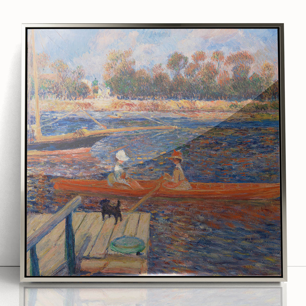 Mid-century modernist art by Pierre-Auguste Renoir, featuring soft pastel shades on a silver-framed acrylic.