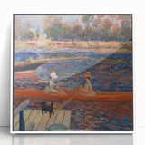 Art deco poster of a scenic landscape in soft pastel colors, framed in white acrylic, suitable for nursery wall art.