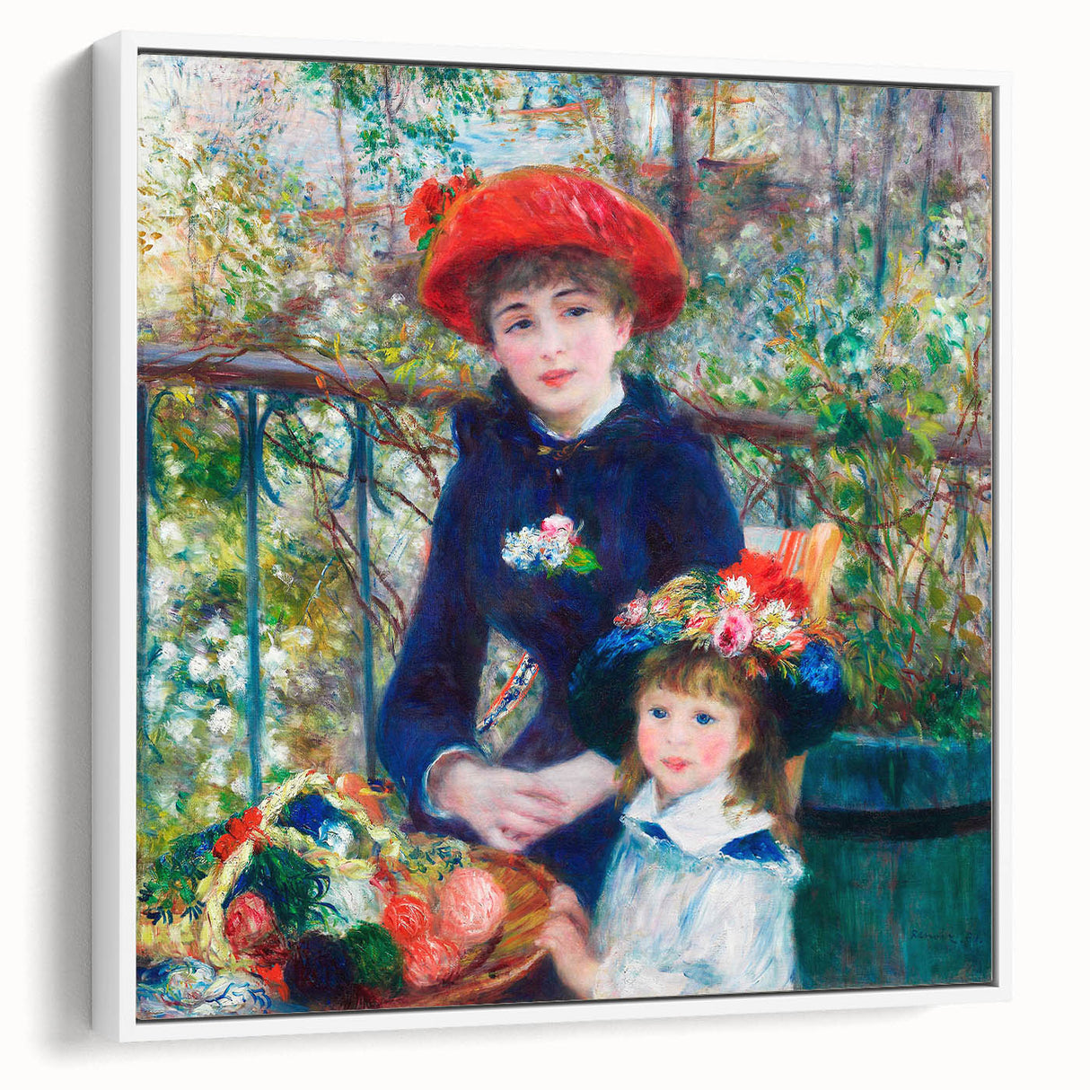Vintage poster art of a colorful Pierre-Auguste Renoir painting, framed in white, ideal for living room decor.