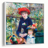 Vintage poster art of a colorful Pierre-Auguste Renoir painting, framed in white, ideal for living room decor.