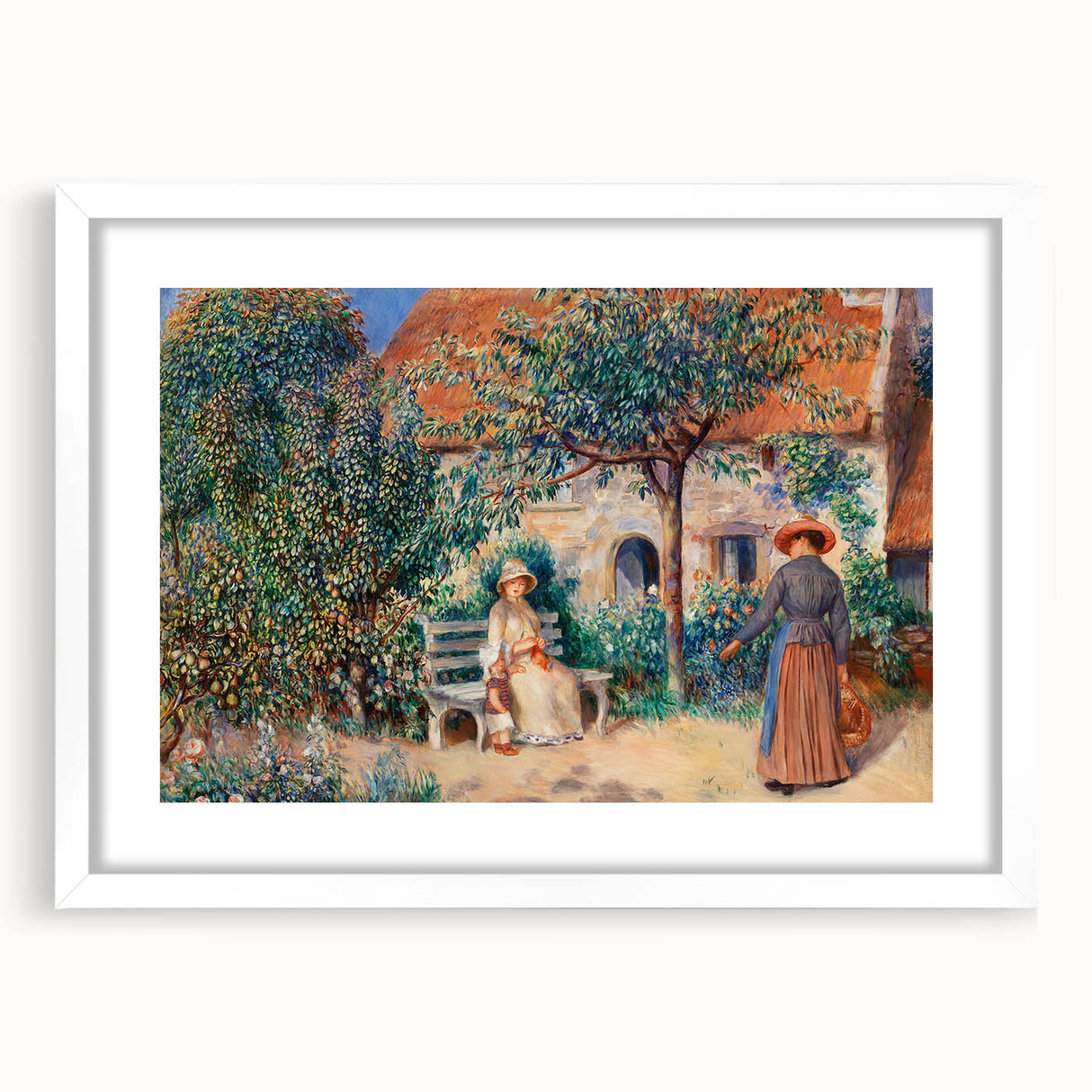 Abstract art print of Pierre-Auguste Renoir's design in white frame, featuring soft pastel shades.