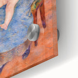 Mid-century modernist art of abstract shapes in blue and orange tones on acrylic glass, ideal for dining room art.