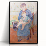 Large abstract wall art featuring mid-century modernist design in muted blue and green tones, framed in black acrylic.