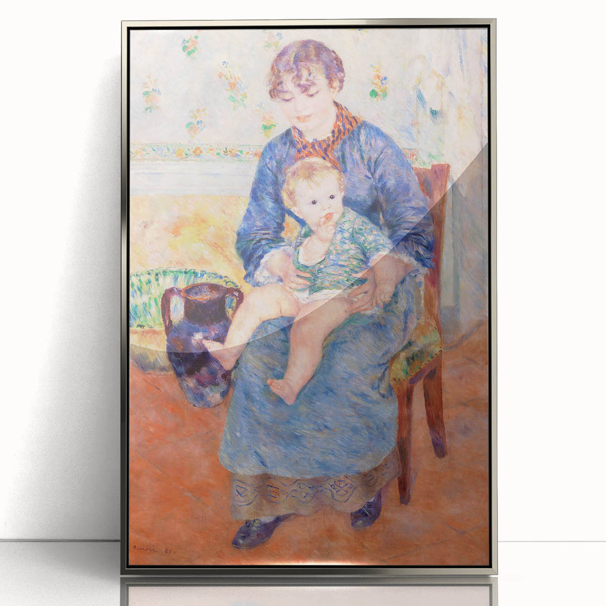 Mid-century modernist art by Pierre-Auguste Renoir featuring soft pastel colors on a silver-framed acrylic print.