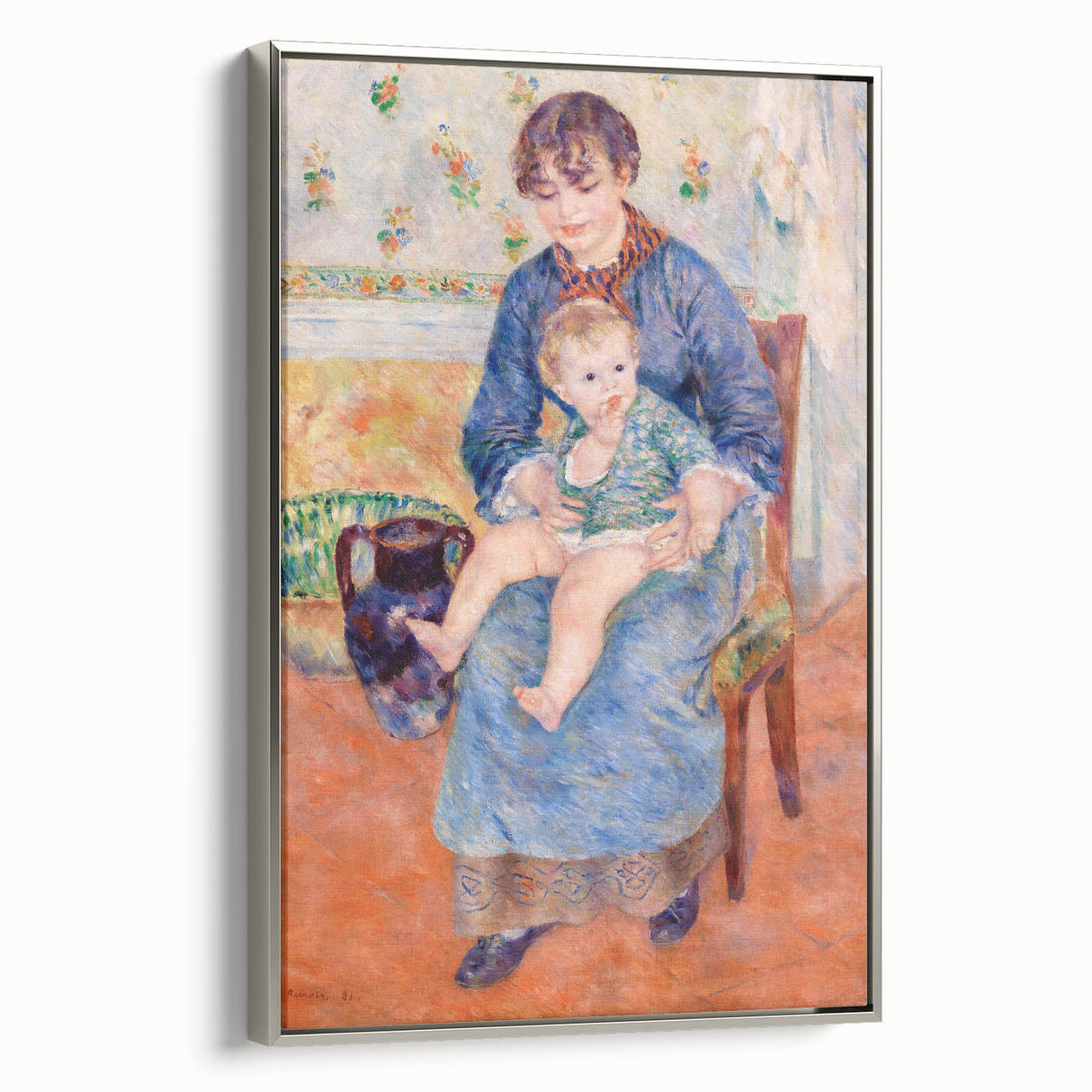 Framed canvas of Pierre-Auguste Renoir's landscape painting with vibrant colors on a black background.