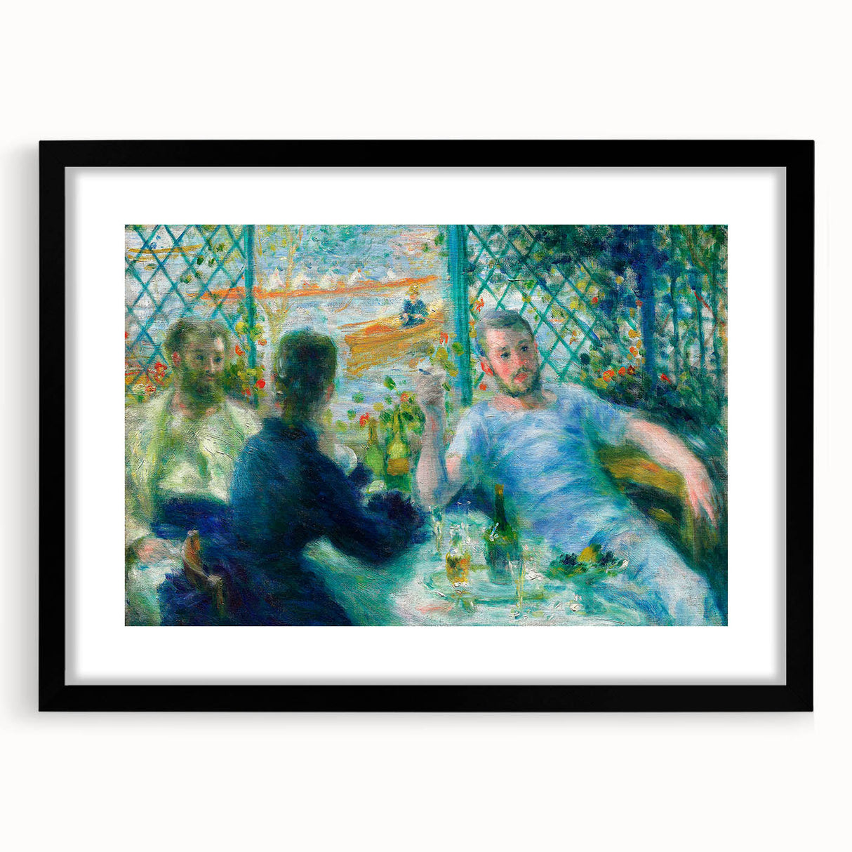 Colorful abstract art print featuring textured strokes, in a large black frame, ideal for living room decor.