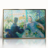 Large art print of a Pierre-Auguste Renoir painting, featuring soft pastel shades in a gold-framed acrylic.