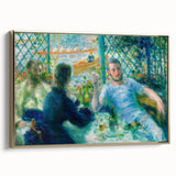 Framed canvas of a vintage landscape painting featuring muted green and blue tones, ideal for bedroom wall decor.