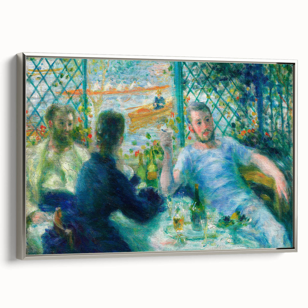 Framed canvas featuring a vintage landscape art painting by Pierre-Auguste Renoir, with colorful art on a black background.