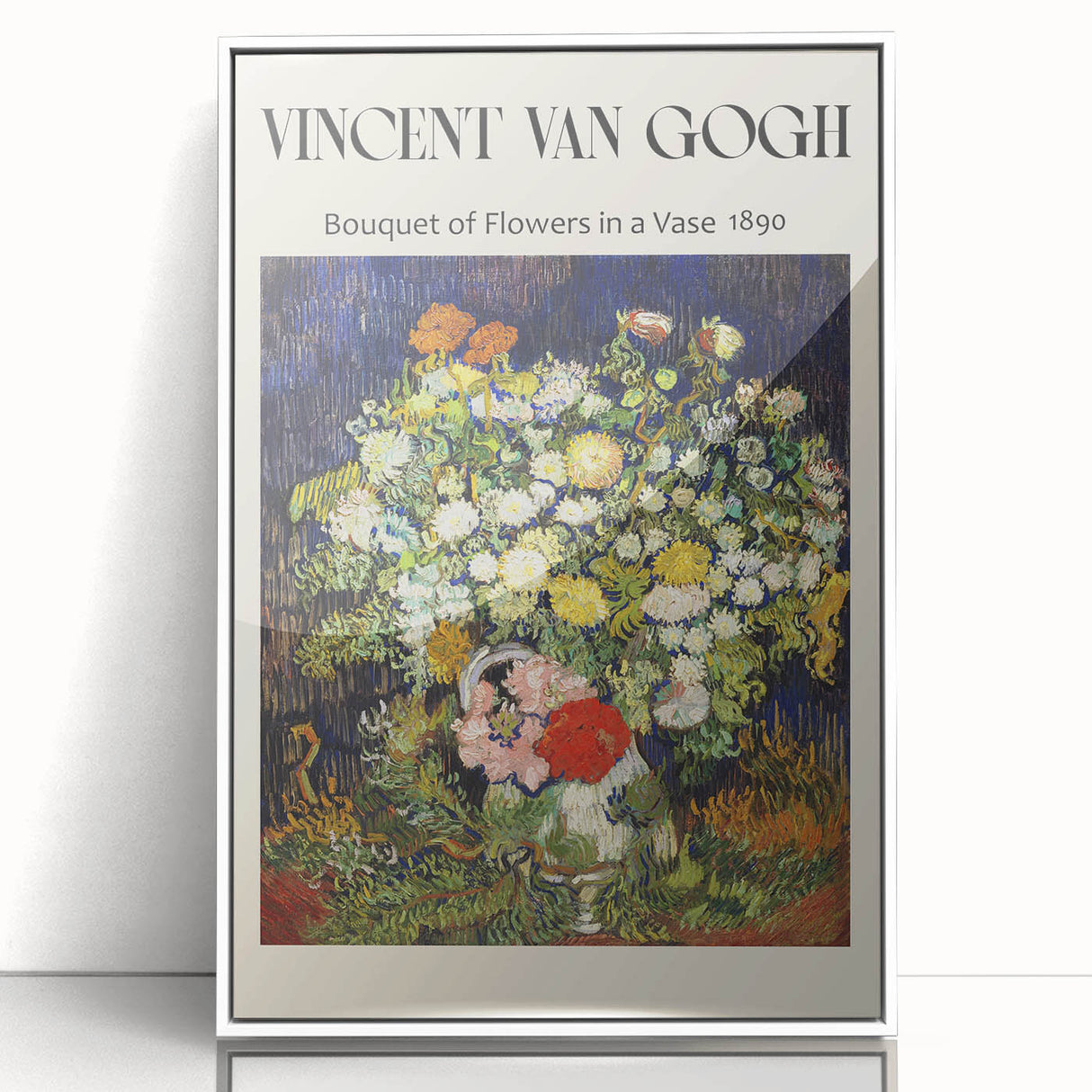 Acrylic print of a Vincent van Gogh painting in art deco style, vibrant colors, framed in white.