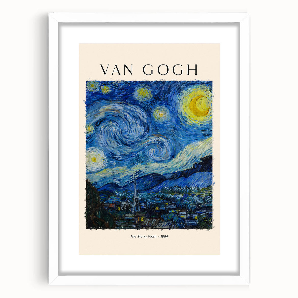 Abstract art print of a swirling blue and yellow pattern on a white framed canvas, suitable for bedroom or dining room decor.