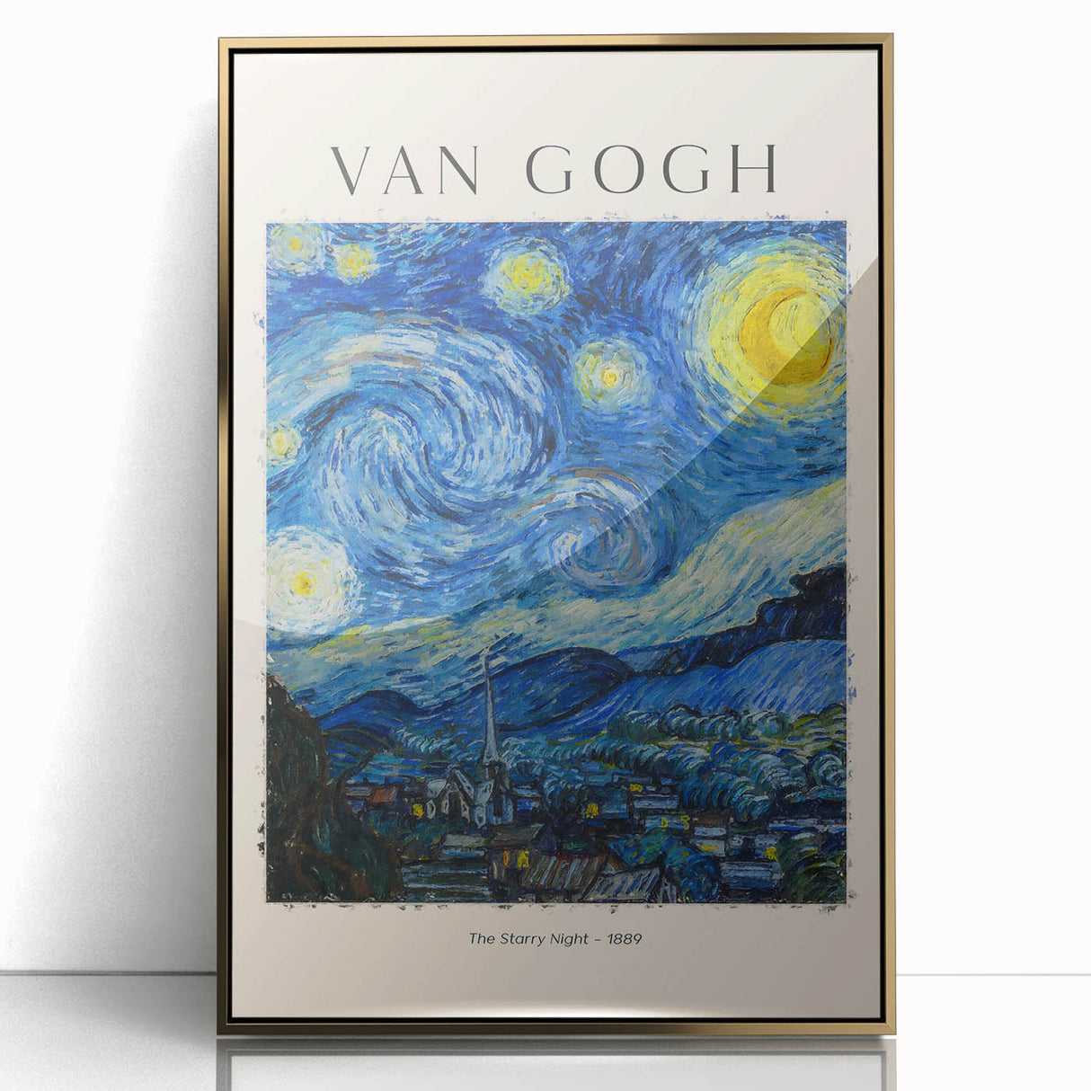 Mid-century modernist art print of a starry night scene in vibrant blues and yellows on a framed acrylic.