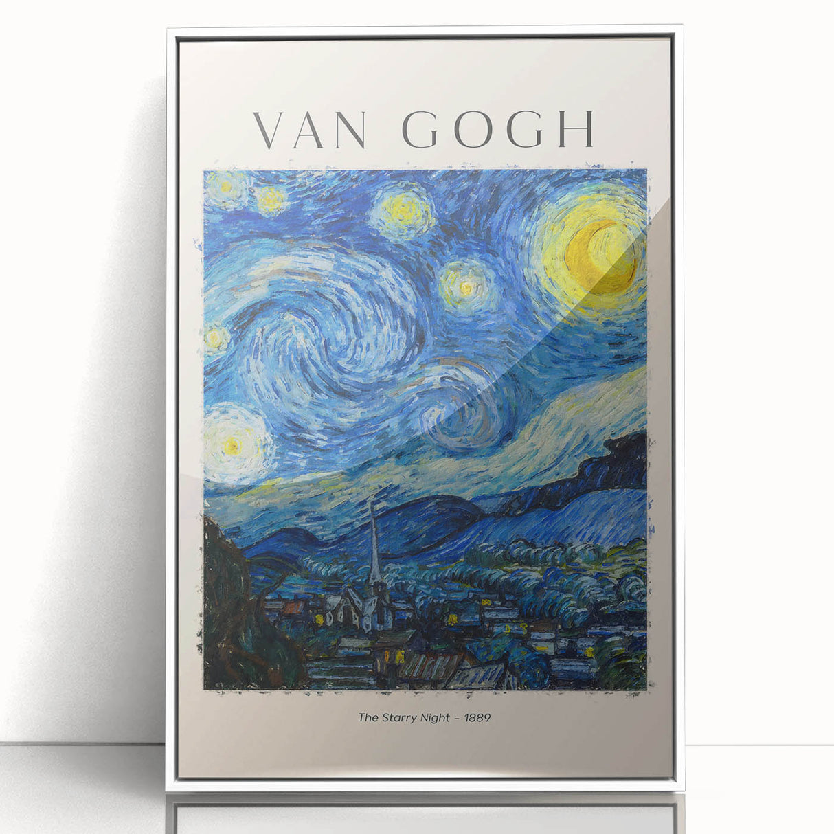 Acrylic print of Vincent van Gogh's design in art deco style, framed in white, ideal for modern nursery decor.