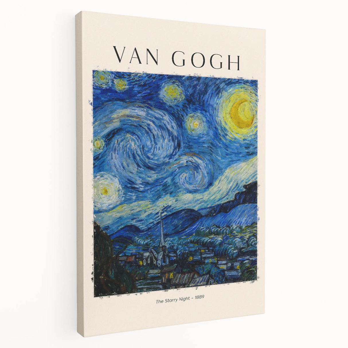 Vincent van Gogh inspired stretched canvas with vibrant yellow and blue tones, ideal for kitchen wall art.