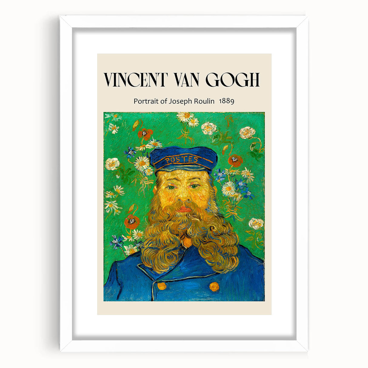 Abstract art print of a swirling starry night in vibrant blue and yellow hues, framed in white.