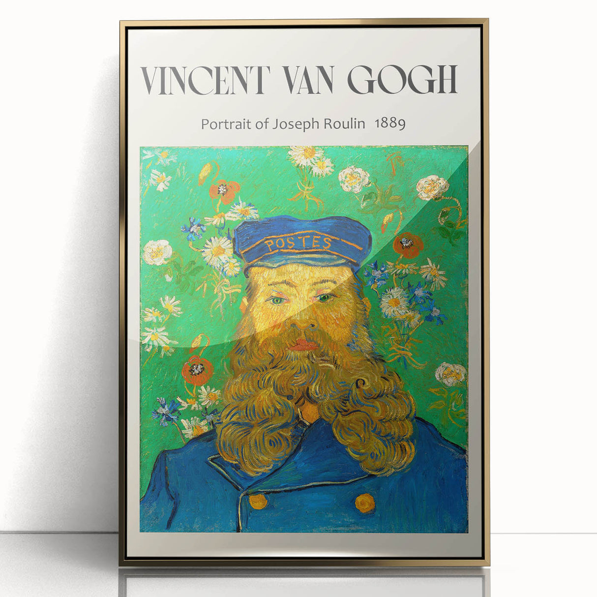 Large art print of a Vincent Van Gogh painting in a gold frame, featuring vibrant yellow and blue tones.