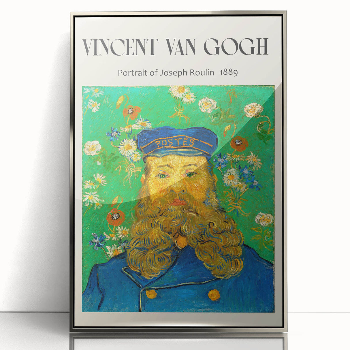 Mid-century modernist art of a starry night scene in muted blue and yellow tones on a silver-framed acrylic.
