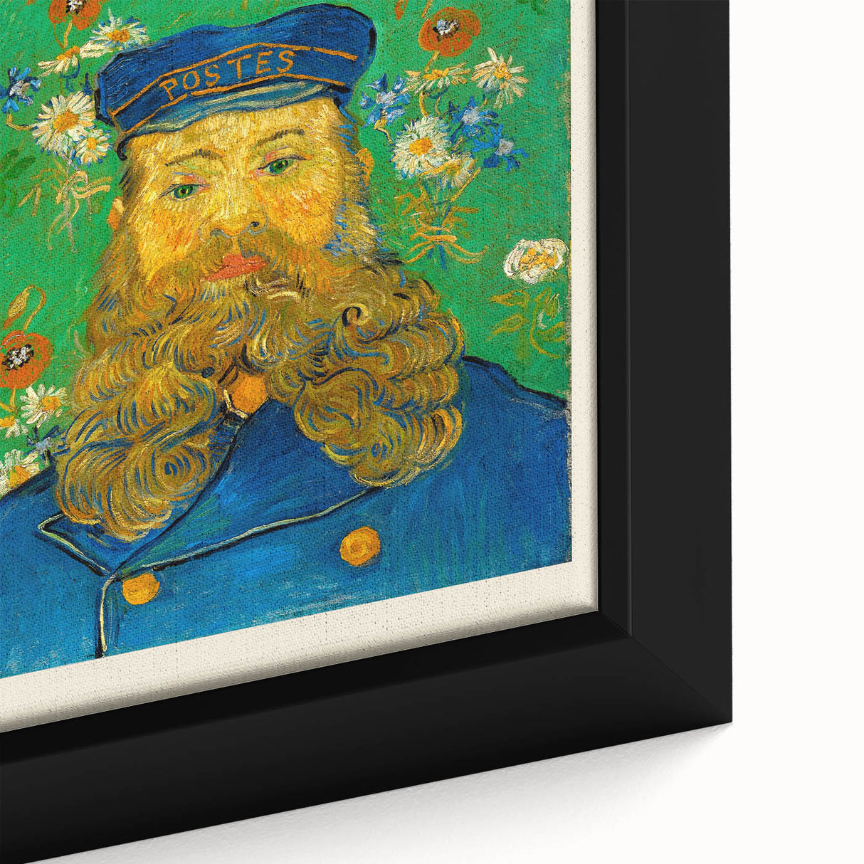 Close-up of a textured, extra-large framed canvas depicting vibrant, colorful art in the style of Vincent van Gogh.