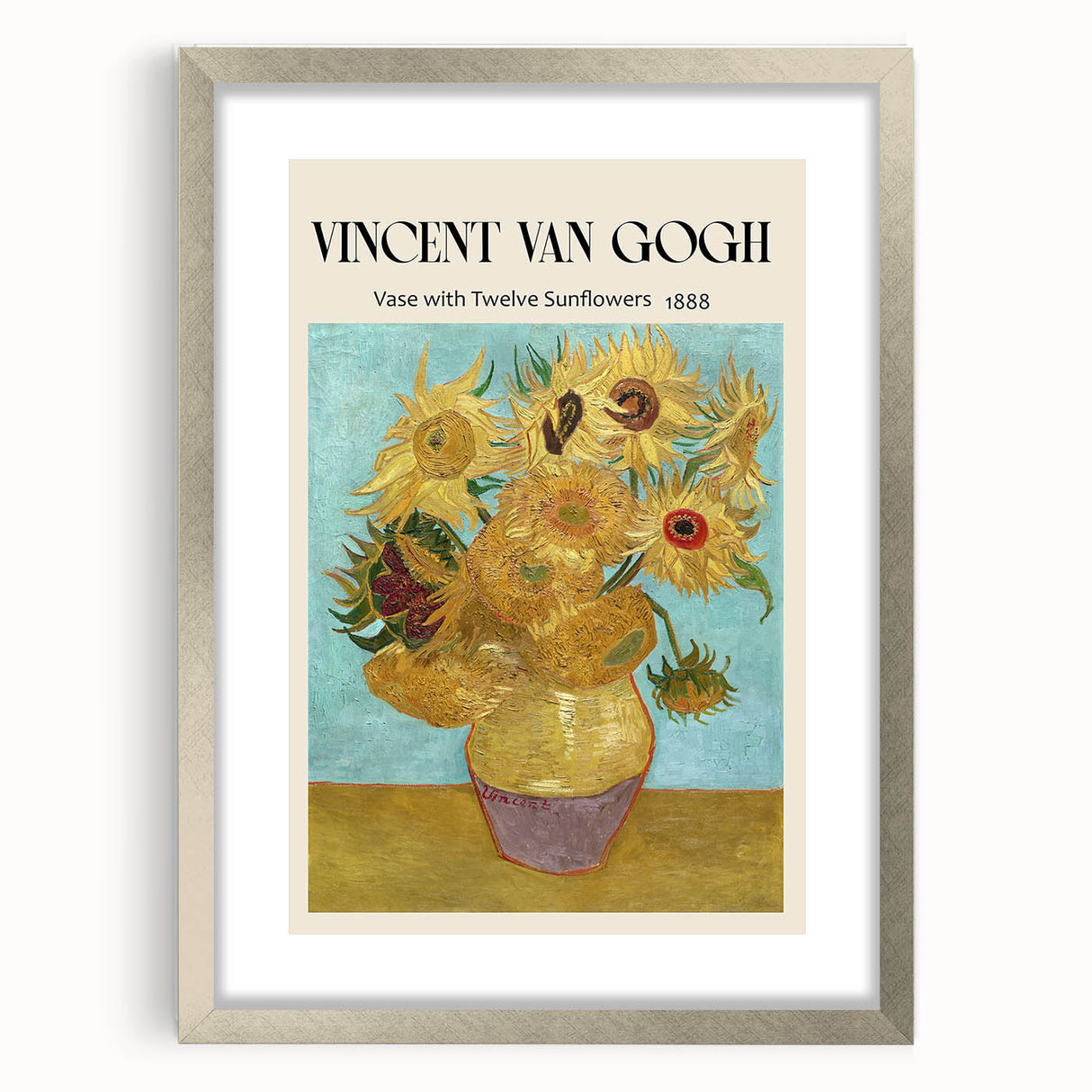 Textured art print of an abstract design in vibrant yellow and blue, framed in silver, ideal for bedroom decor.