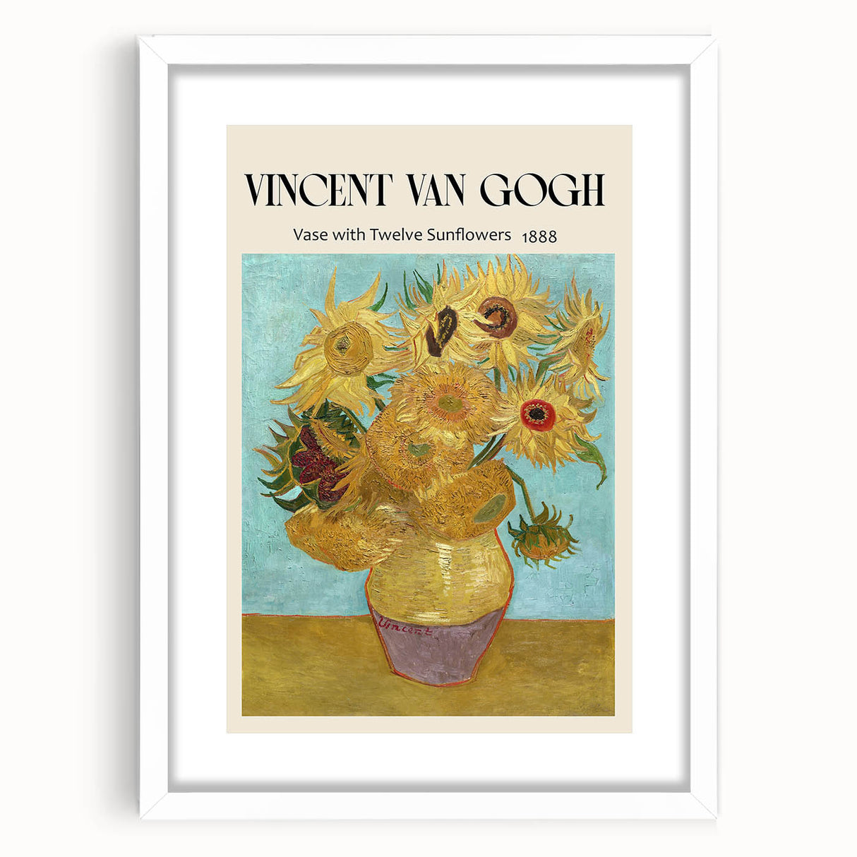 Abstract art print of a swirling sky in blue and yellow tones, framed in white, suitable for bedroom or dining room decor.