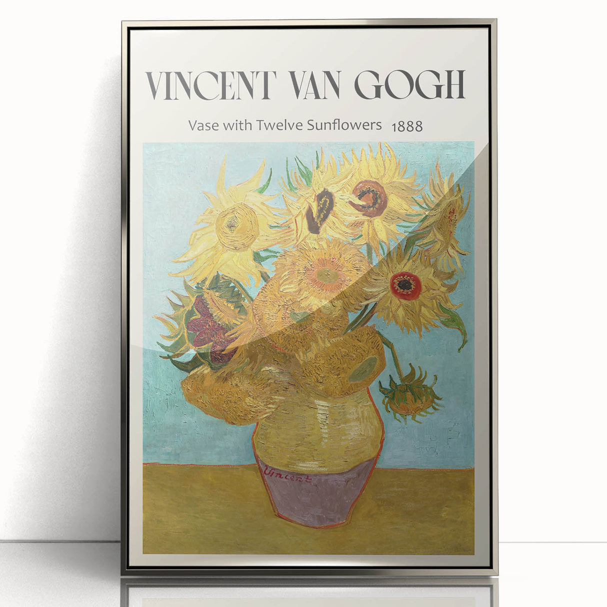 Mid-century modernist art featuring Vincent van Gogh's style on a silver-framed acrylic, with vibrant color palette.
