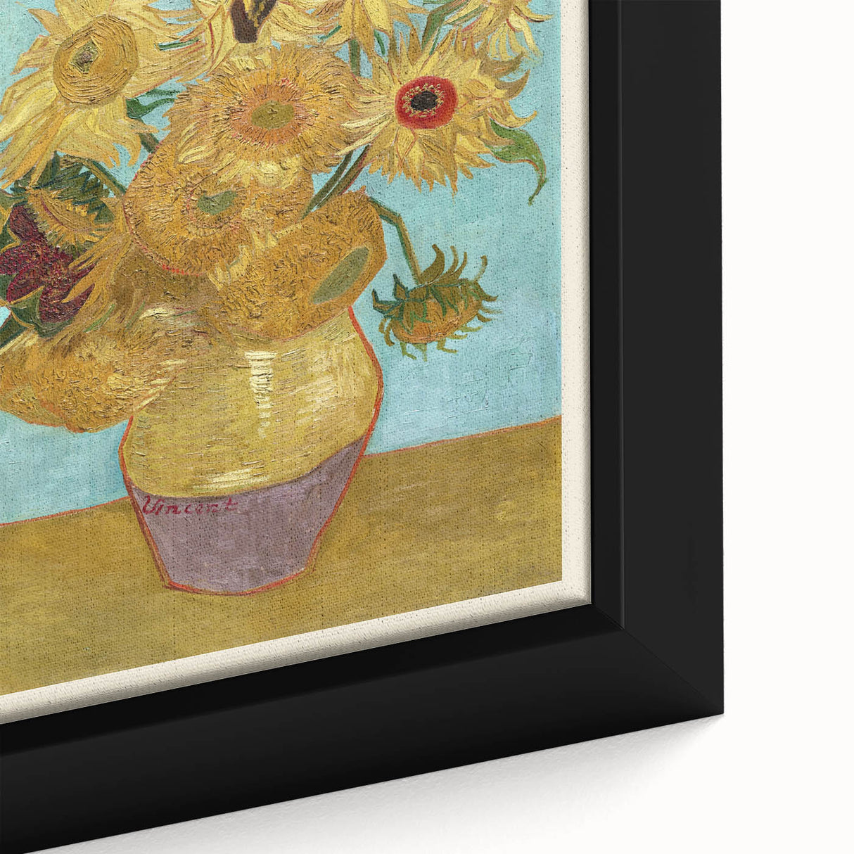 Close-up of a textured, extra large framed canvas featuring a colorful, abstract design, ideal for living room decor.