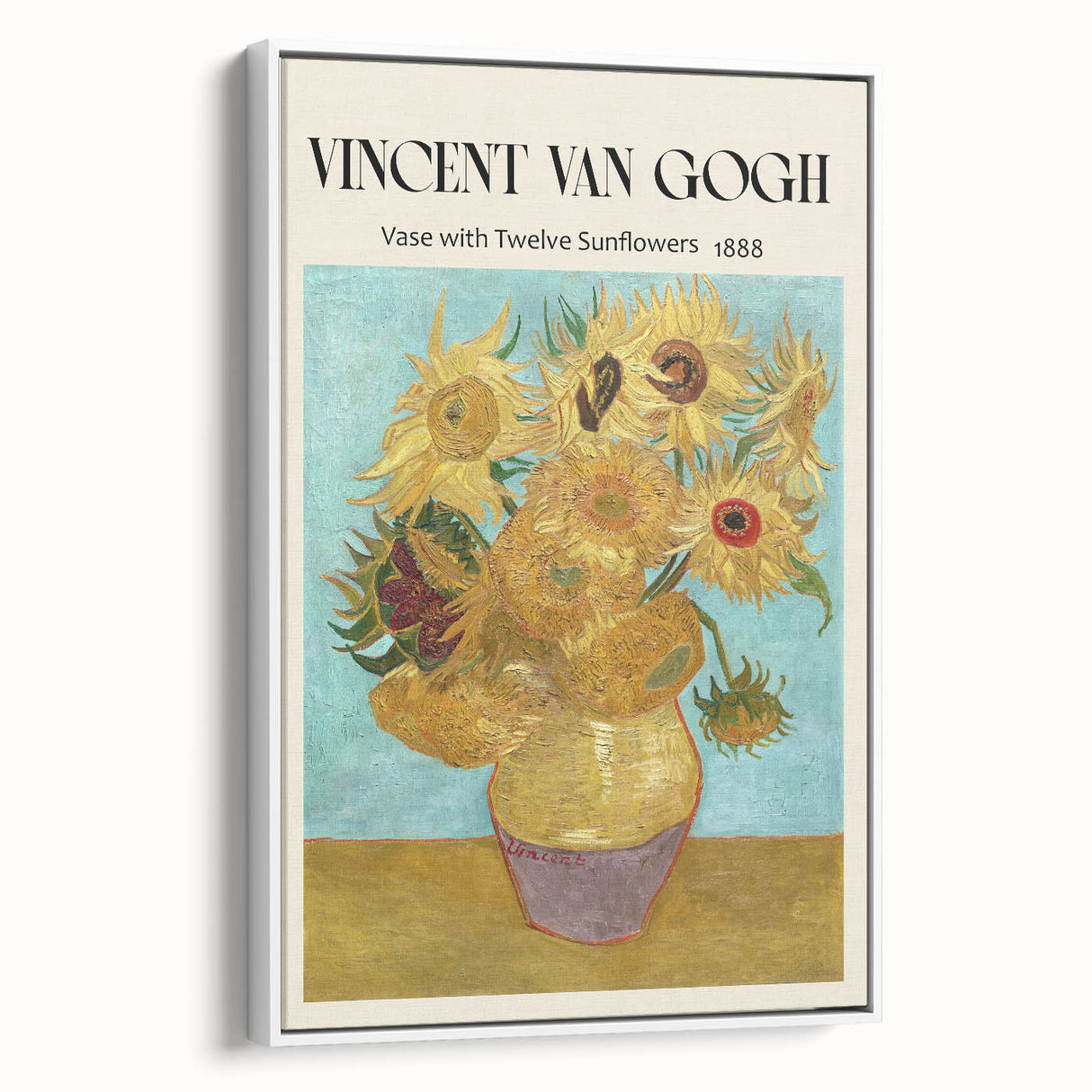 Vintage poster art of Van Gogh's paintings on a large framed canvas, featuring colorful art on a black background.