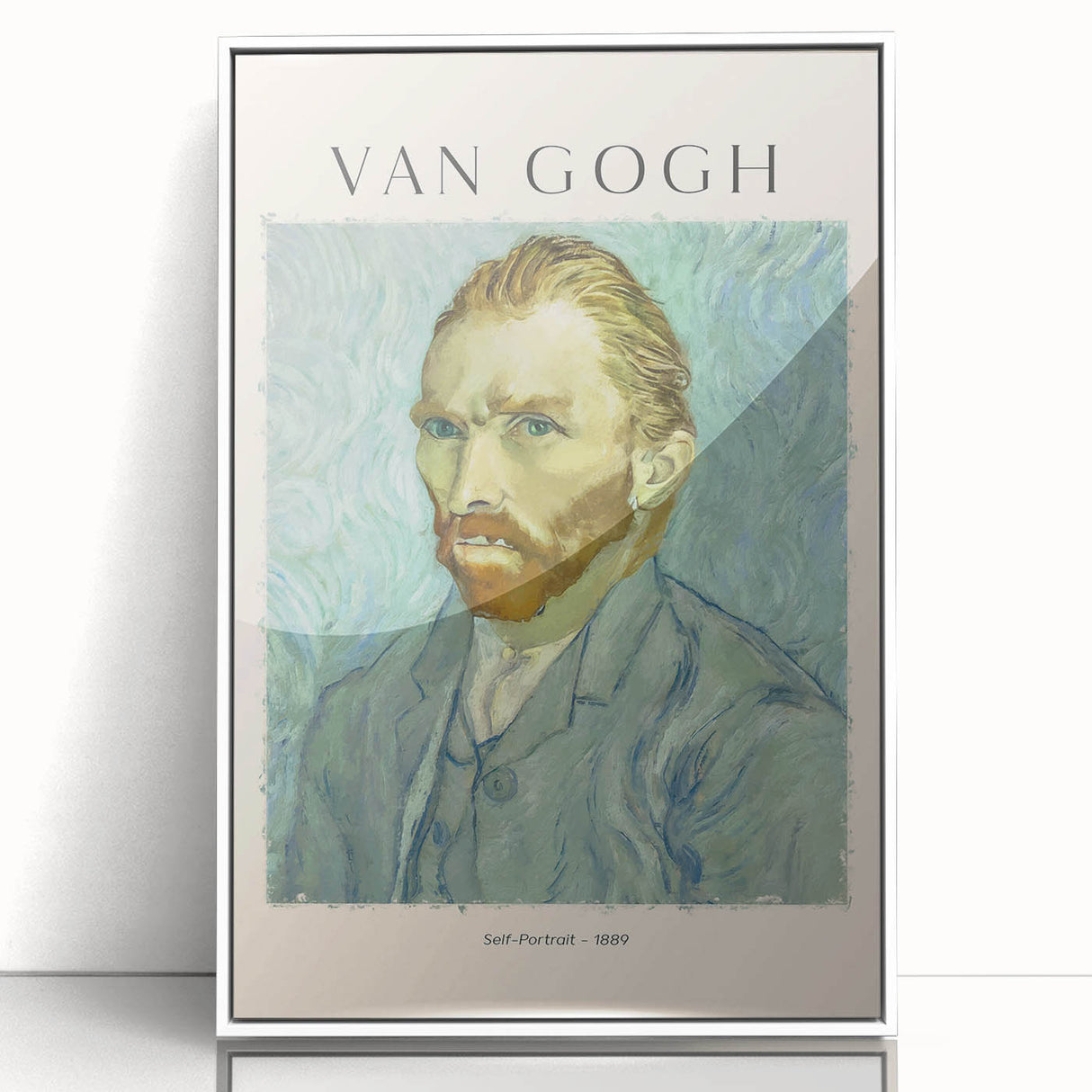 Art deco poster featuring a white-framed acrylic print of a Vincent van Gogh painting.