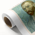 Art deco style poster of Vincent van Gogh in muted blues and yellows on rolled canvas, ideal for nursery wall art.