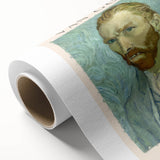 Art deco style poster of Vincent van Gogh in muted blues and yellows on rolled canvas, ideal for nursery wall art.