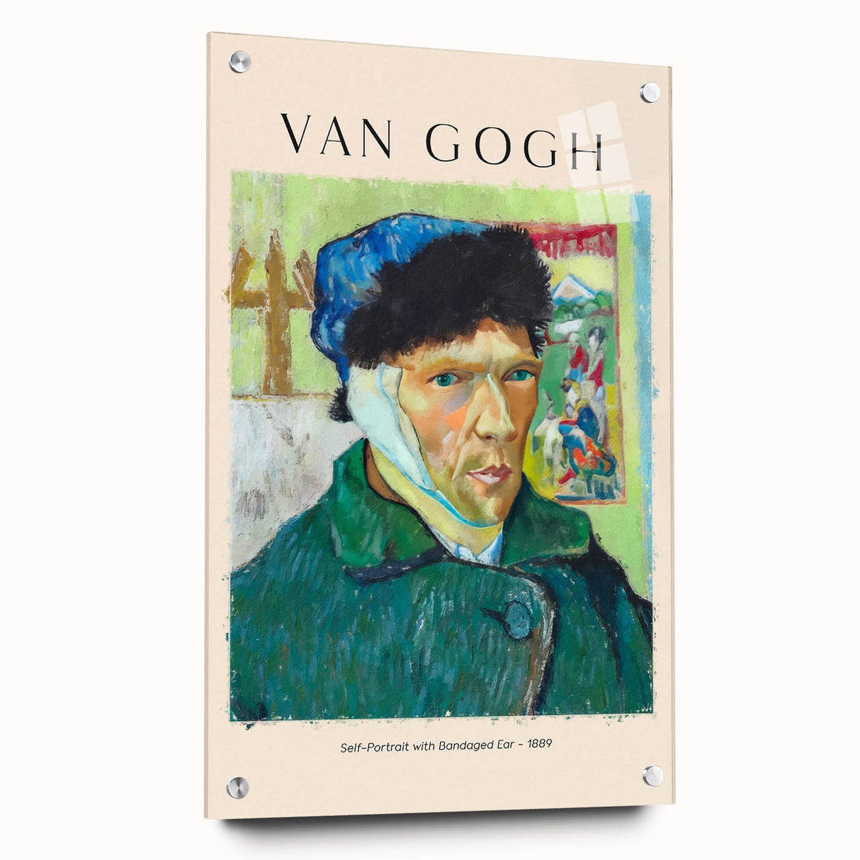 Acrylic glass print of a Van Gogh-inspired abstract design in vibrant yellow and blue tones.