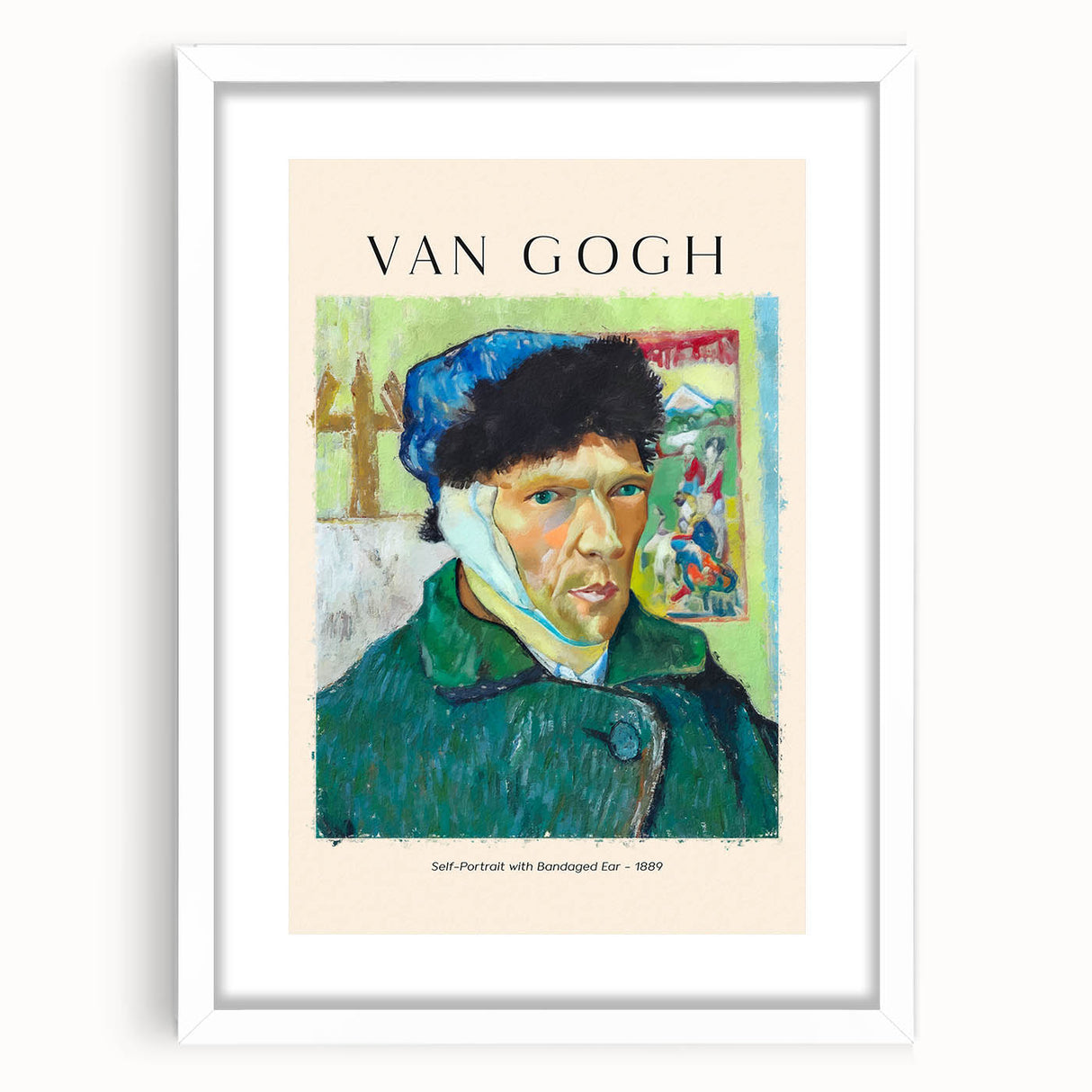 Abstract art print of a colorful Vincent van Gogh painting in a white frame, ideal for dining room decor.