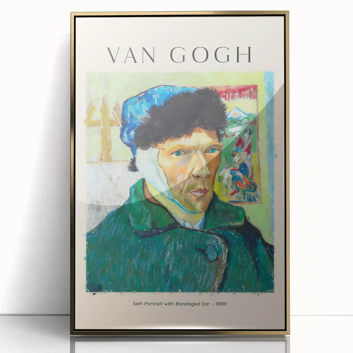 Large art print of a Van Gogh-inspired landscape in vibrant colors on a gold-framed acrylic.
