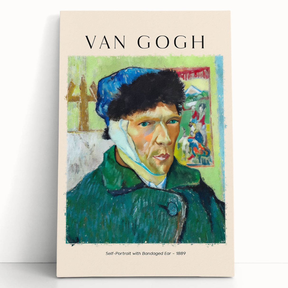 A black and white print of Vincent van Gogh's portrait on stretched canvas.